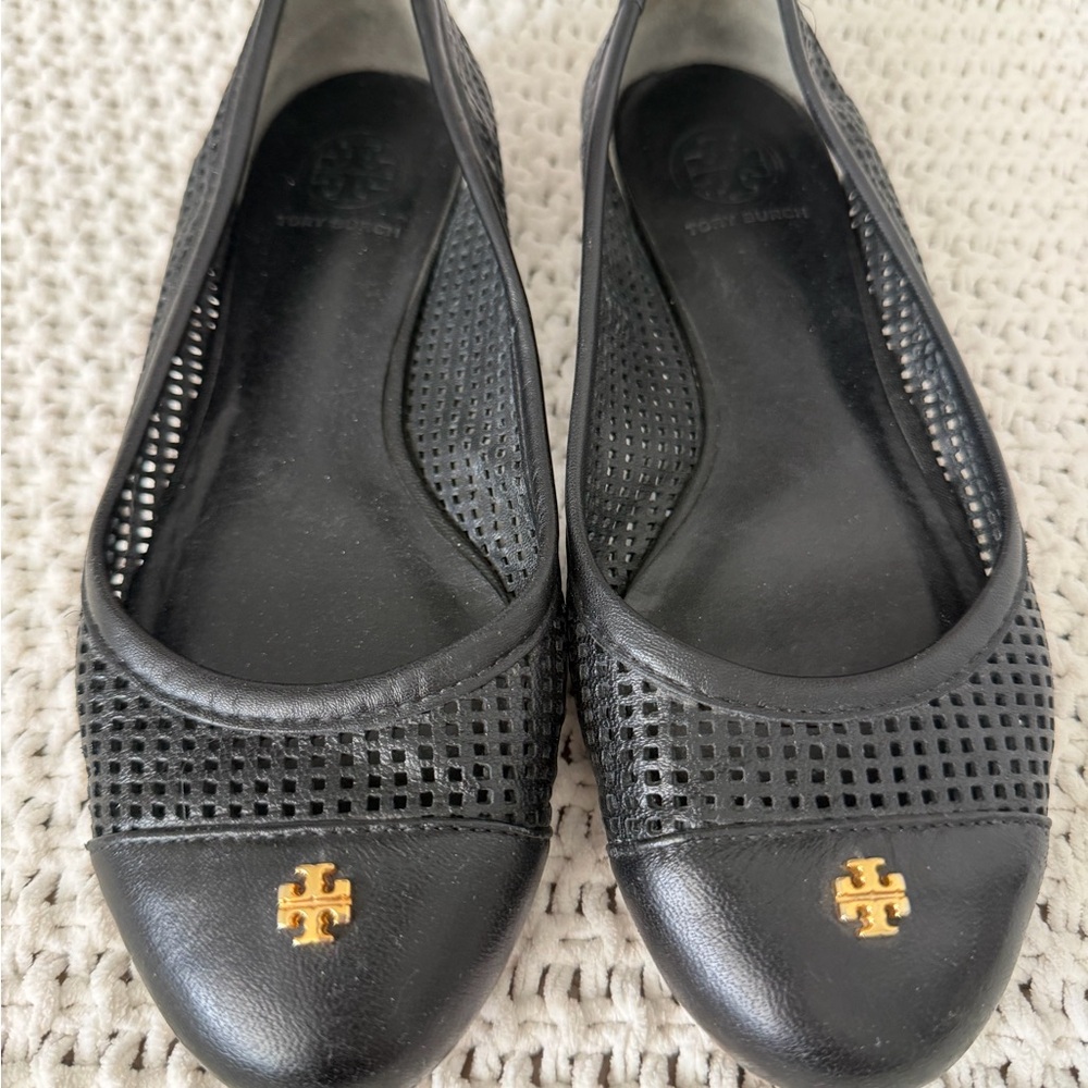 Tory Burch Black Perforated Flats with Gold Emblem